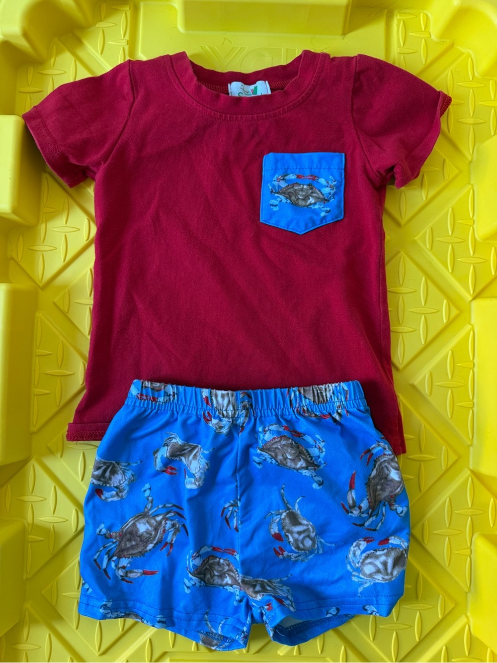 Red Tee with Blue Crab Pocket and Matching Crab Shorts